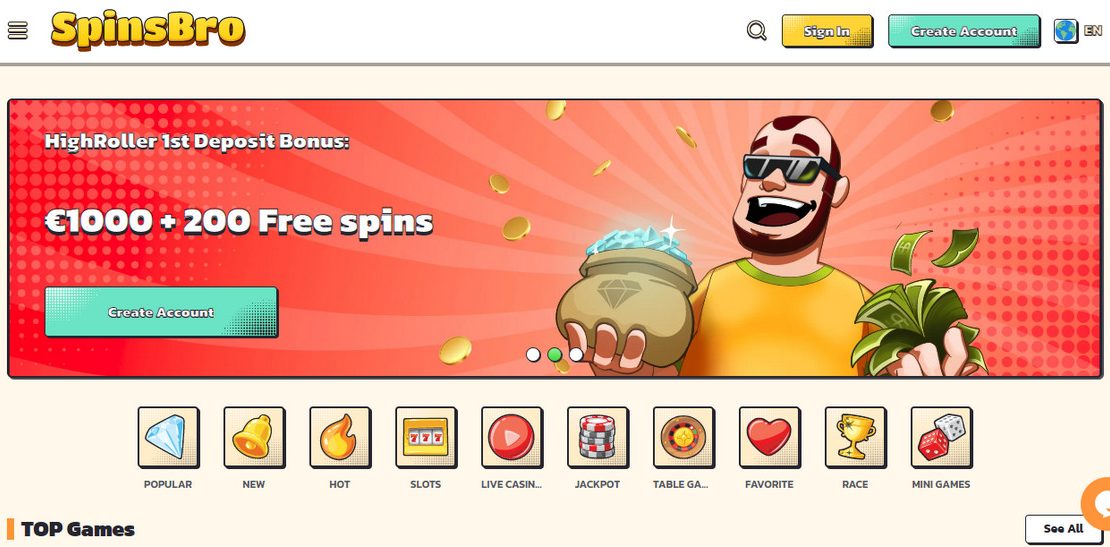 SpinsBro Casino 200 freespini & 1000 EUR bonus